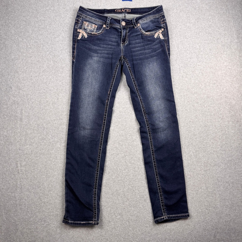 Grace in LA Jeans Womens 28 / 6 Dark Wash Thick Stitch Embellished Slim Straight - Picture 2 of 12